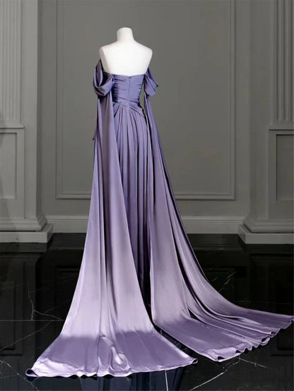 Quyihu Dress Elegant A-line Purple Satin Prom Dress Draped Bodice Formal Party Dress