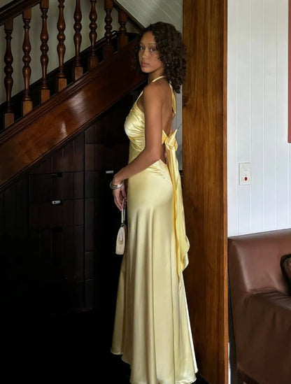 Quyihu Dress Elegant A Line Sleeveless Halter Yellow Bow Satin Open Back Prom Dress Graduation Party Dress