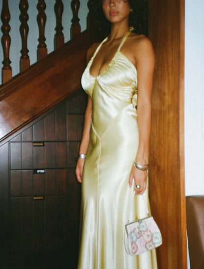 Quyihu Dress Elegant A Line Sleeveless Halter Yellow Bow Satin Open Back Prom Dress Graduation Party Dress