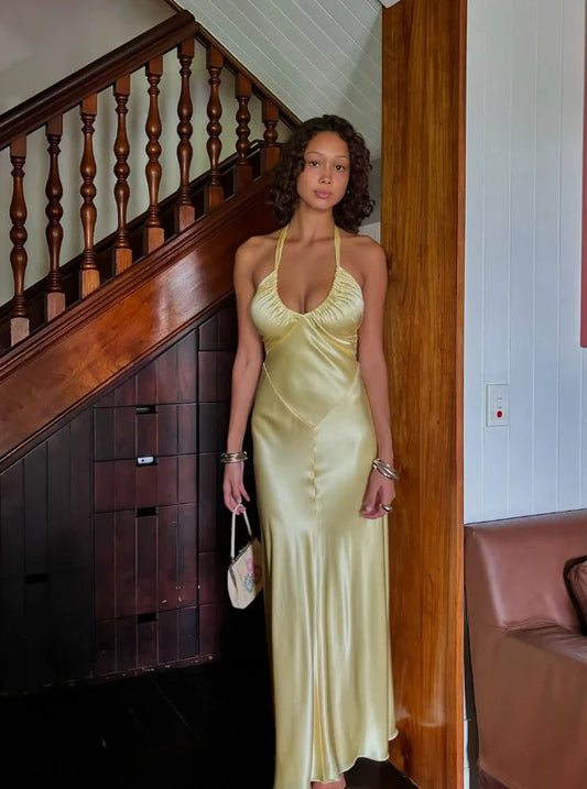 Quyihu Dress Elegant A Line Sleeveless Halter Yellow Bow Satin Open Back Prom Dress Graduation Party Dress