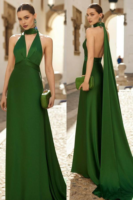 Quyihu Dress Elegant Green Halter V Neck Backless Maxi Dress Prom Dress Evening Dress
