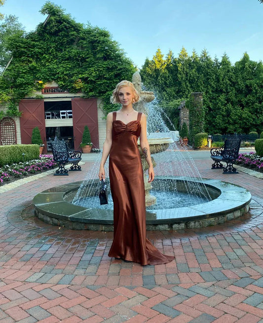 Quyihu Dress Elegant Mermaid Wide Straps Brown Satin Long Sweep Prom Dress Evening Dress Sleeveless Party Dress