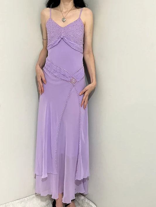 Quyihu Dress Elegant Purple A Line V Neck Spaghetti Strap Beaded Sequin Chiffon Prom Dress Evening Dress