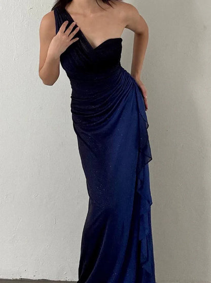 Quyihu Dress Elegant Sheath One Shoulder Navy Blue Ombre Chiffon Long Prom Dress Evening Dress Party Dress