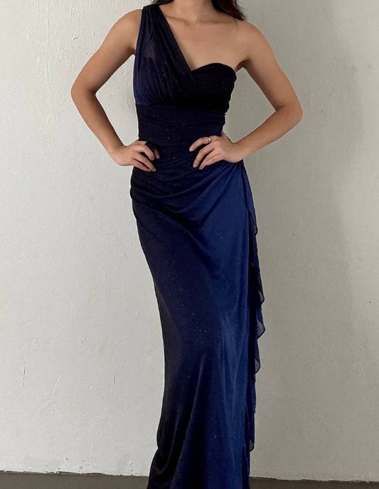 Quyihu Dress Elegant Sheath One Shoulder Navy Blue Ombre Chiffon Long Prom Dress Evening Dress Party Dress