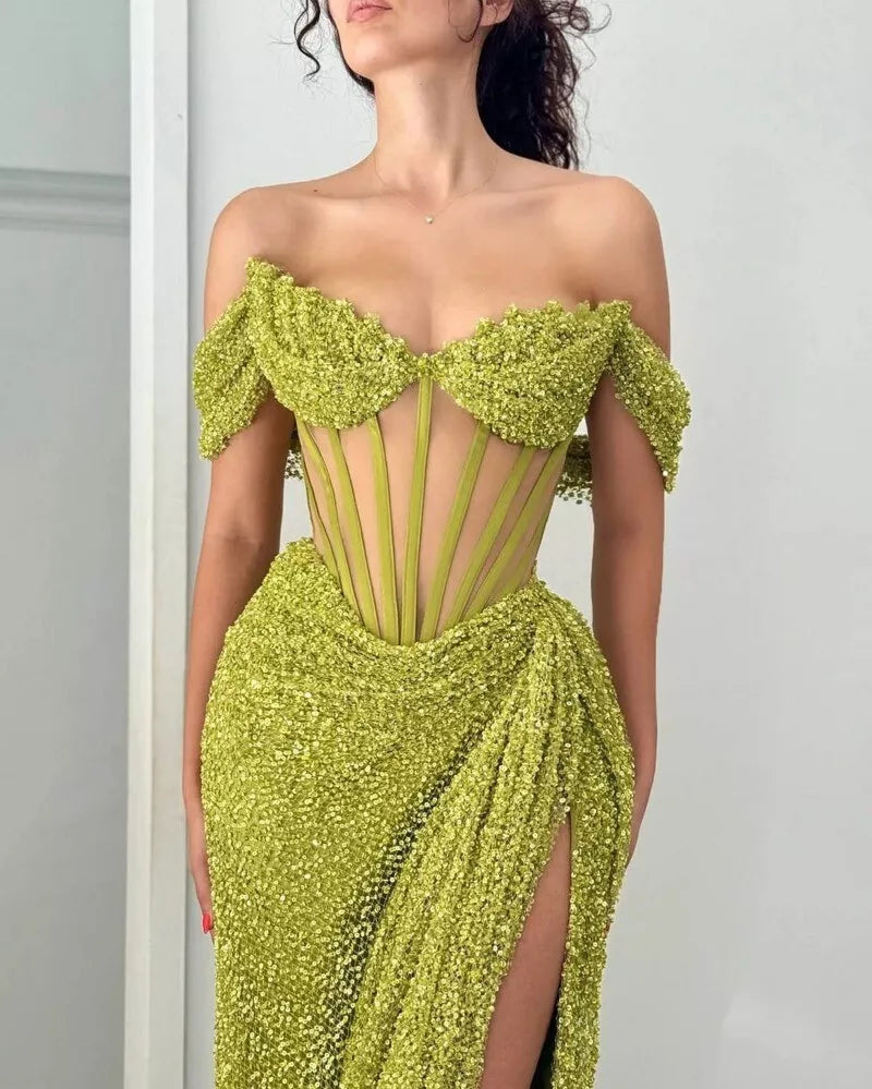 Quyihu Dress Exquisite Green Off-The-Shoulder Corset Prom Dress With Thigh-High Split Evening Dress