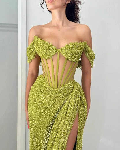 Quyihu Dress Exquisite Green Off-The-Shoulder Corset Prom Dress With Thigh-High Split Evening Dress