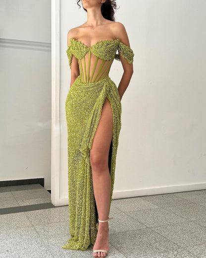 Quyihu Dress Exquisite Green Off-The-Shoulder Corset Prom Dress With Thigh-High Split Evening Dress