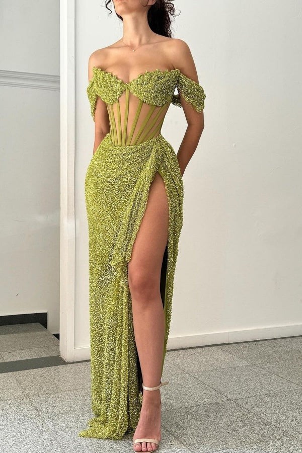 Quyihu Dress Exquisite Green Off-The-Shoulder Corset Prom Dress With Thigh-High Split Evening Dress