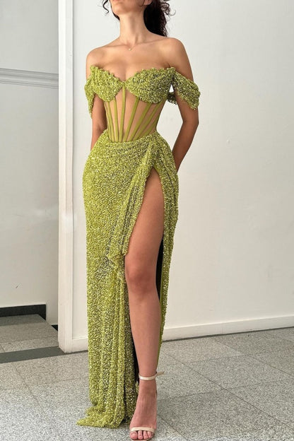 Quyihu Dress Exquisite Green Off-The-Shoulder Corset Prom Dress With Thigh-High Split Evening Dress