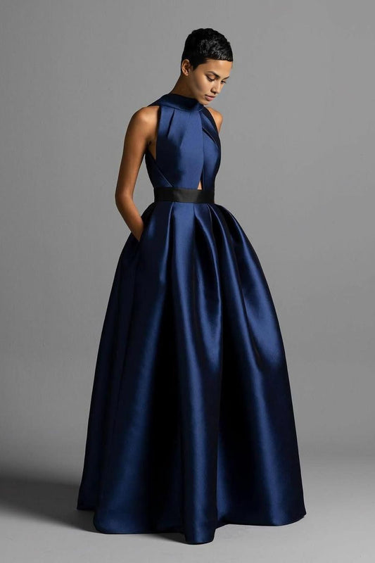 Quyihu Dress Exquisite Royal Blue Satin Halter Strapless Sleeveless A Line Prom Dress with Pleated Evening Dress