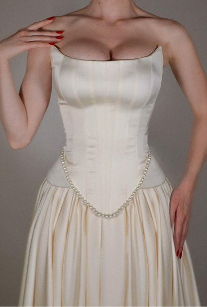 Quyihu Dress Exquisite Satin Ivory Sleeveless Strapless Long Pleated Prom Dress with Beadings Evening Dress