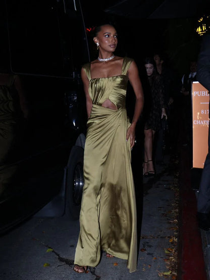 Quyihu Dress Fancy A line Square Neckline Green Satin Long Cutout Waist Prom Dress Evening Dress Formal Dress