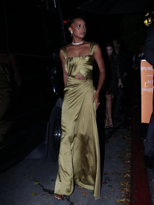 Quyihu Dress Fancy A line Square Neckline Green Satin Long Cutout Waist Prom Dress Evening Dress Formal Dress