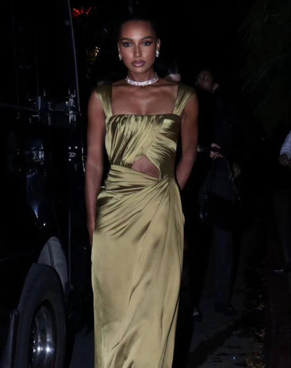 Quyihu Dress Fancy A line Square Neckline Green Satin Long Cutout Waist Prom Dress Evening Dress Formal Dress