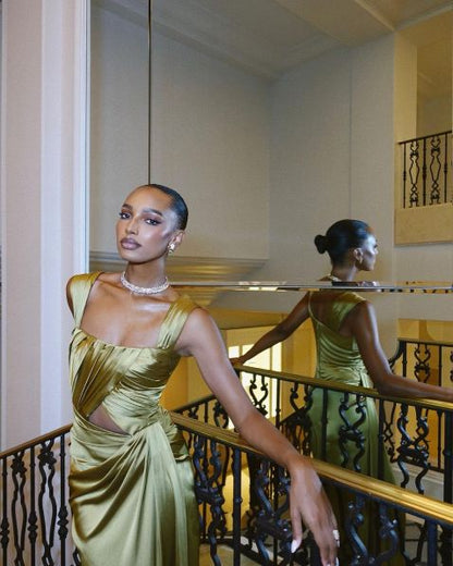 Quyihu Dress Fancy A line Square Neckline Green Satin Long Cutout Waist Prom Dress Evening Dress Formal Dress