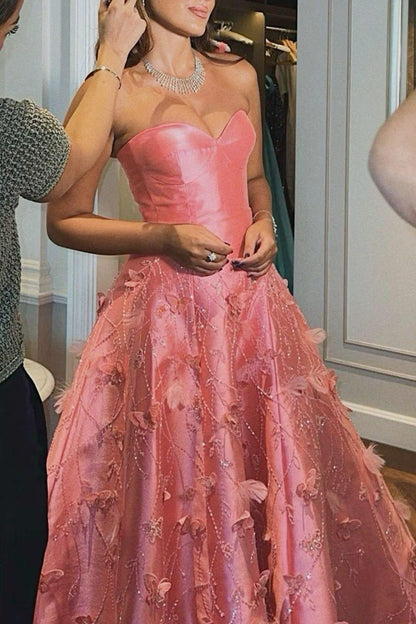 Quyihu Dress Glamorous Satin Sleeveless Strapless Feather Prom Dress with Sequins Evening Dress