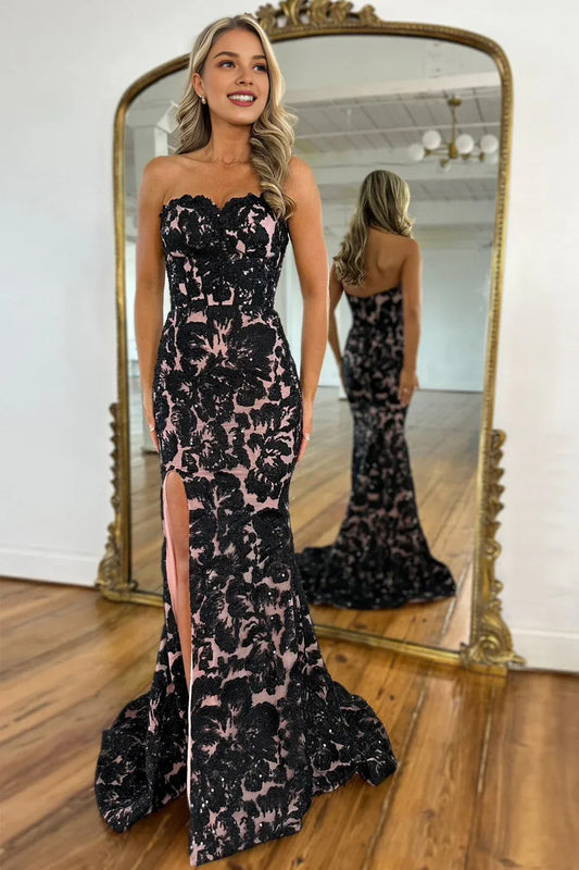 Quyihu Dress Gorgeous Black Mermaid Sweetheart Long Prom Dress with Appliques and Slit