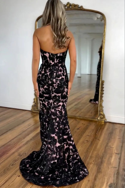 Quyihu Dress Gorgeous Black Mermaid Sweetheart Long Prom Dress with Appliques and Slit