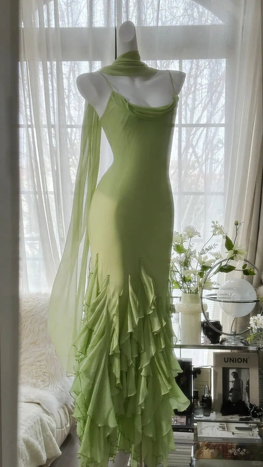 Quyihu Dress Green Mermaid Spaghetti Strap Long Prom Dress Evening Dress Ruffle Beaded Chiffon Party Dress