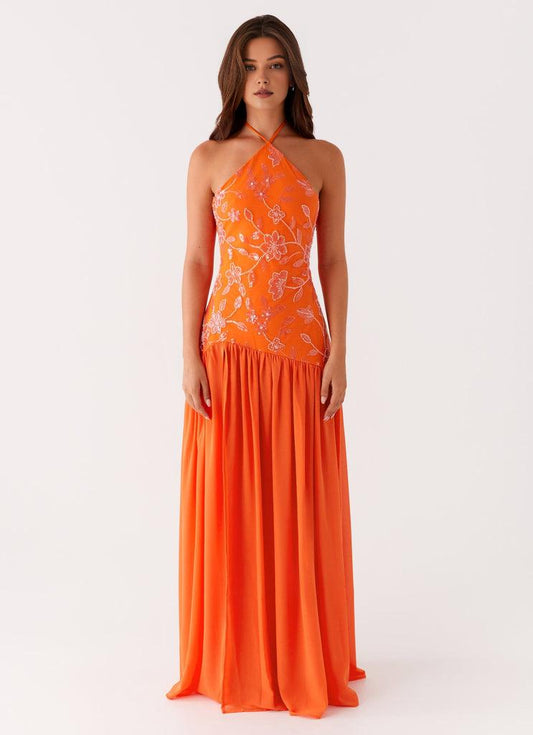 Quyihu Dress Halter Maxi Dress Sleeveless Orange Chic Backless Prom Dress With Hight Slit