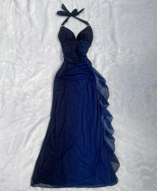 Quyihu Dress Halter Sleeveless Ombre Navy Blue Long Chiffon Prom Dress