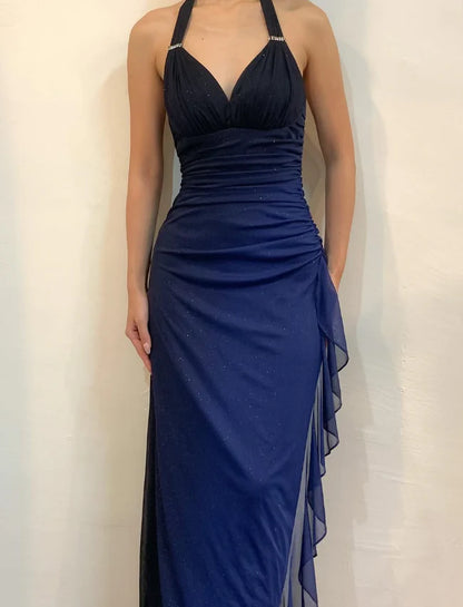 Quyihu Dress Halter Sleeveless Ombre Navy Blue Long Chiffon Prom Dress