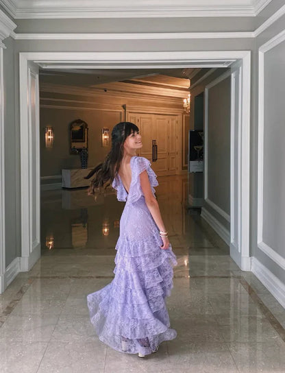 Quyihu Dress Lilac Long Prom Dress Layed Lace V Neck Floor Length V Back Evening Dress