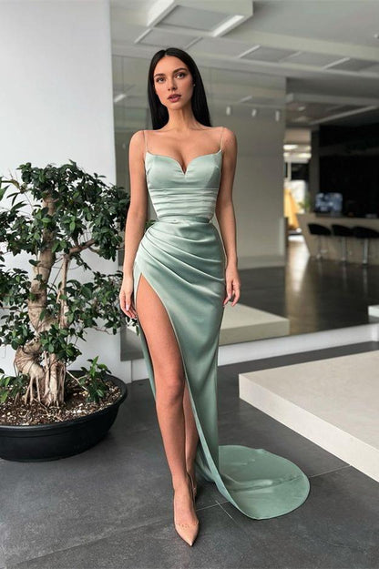 Quyihu Dress Mermaid Spaghetti-Straps Prom Dress With Slit Evening Dress