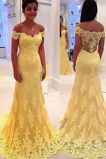 Quyihu Dress Modern Yellow Sheer Lace Appliques Evening Dress Mermaid Off-The-Shoulder