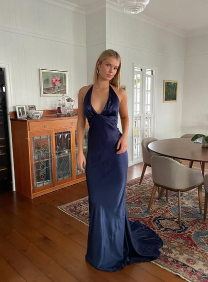 Quyihu Dress Navy Blue Sheath V Neck Satin Open Back Sleeveless Long Sweep Prom Dress Graduation Party Dress