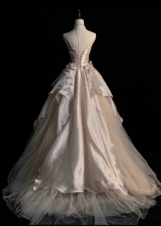 Quyihu Dress Pearl Pink Strapless A-line Tulle Long Party Gown With Pearls Formal Women's Dresses