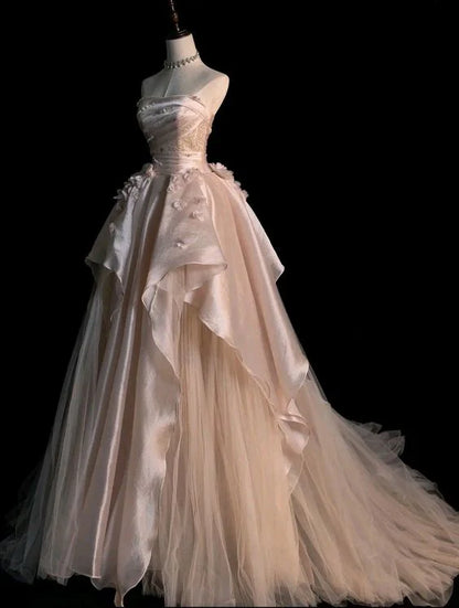 Quyihu Dress Pearl Pink Strapless A-line Tulle Long Party Gown With Pearls Formal Women's Dresses
