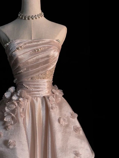 Quyihu Dress Pearl Pink Strapless A-line Tulle Long Party Gown With Pearls Formal Women's Dresses