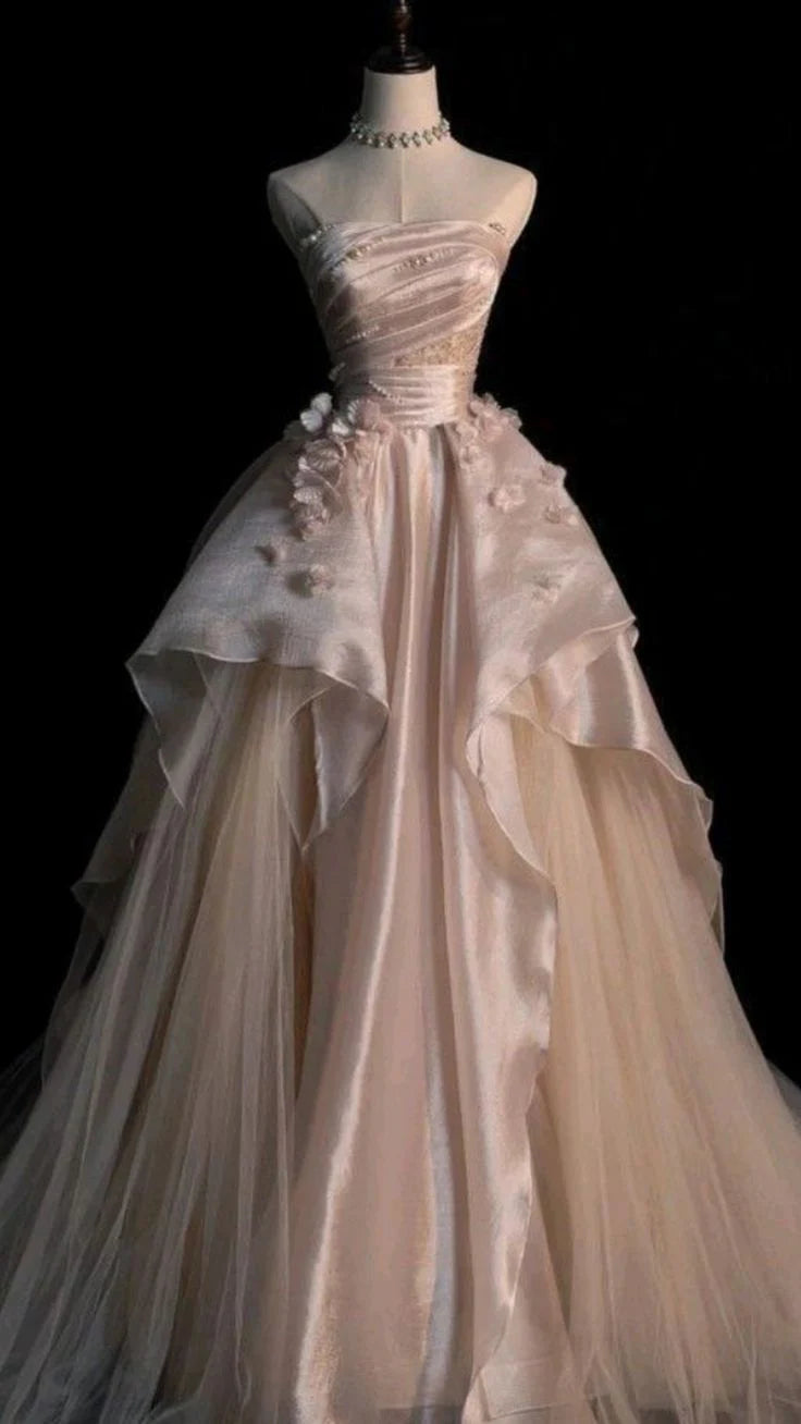 Quyihu Dress Pearl Pink Strapless A-line Tulle Long Party Gown With Pearls Formal Women's Dresses