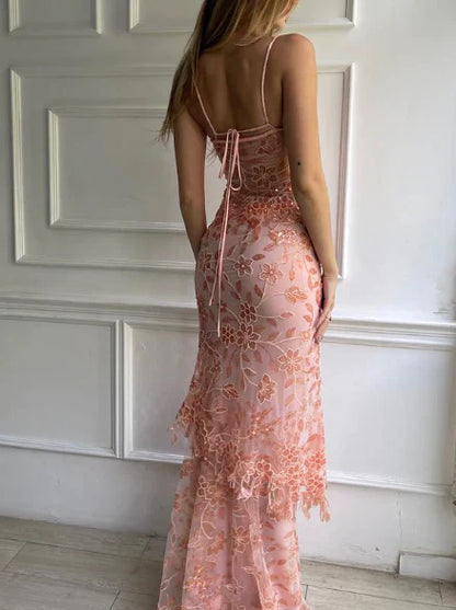 Quyihu Dress Pink Spaghetti Straps V Neck Lace Beading Gorgeous Mermaid Evening Dress