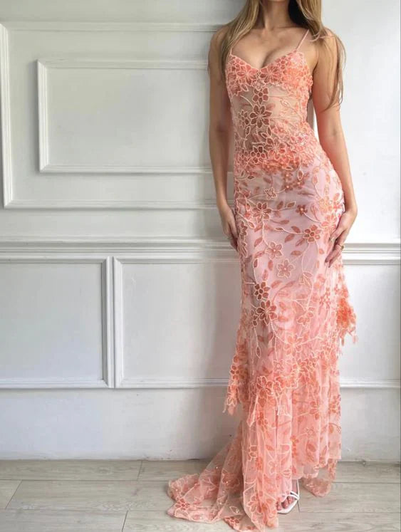 Quyihu Dress Pink Spaghetti Straps V Neck Lace Beading Gorgeous Mermaid Evening Dress