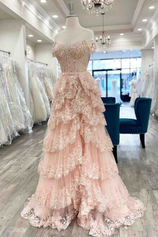 Quyihu Dress Pretty A-Line Off The Shoulder Blush Pink Lace Slit Long Prom Dresses Formal Evening Dress