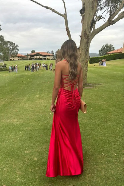 Quyihu Dress Pretty Sage Scoop Neck Satin Mermaid Long Prom Dress with Slit Formal Gown Evening Dress