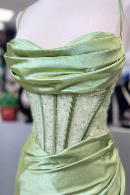 Quyihu Dress Pretty Sage Scoop Neck Satin Mermaid Long Prom Dress with Slit Formal Gown Evening Dress
