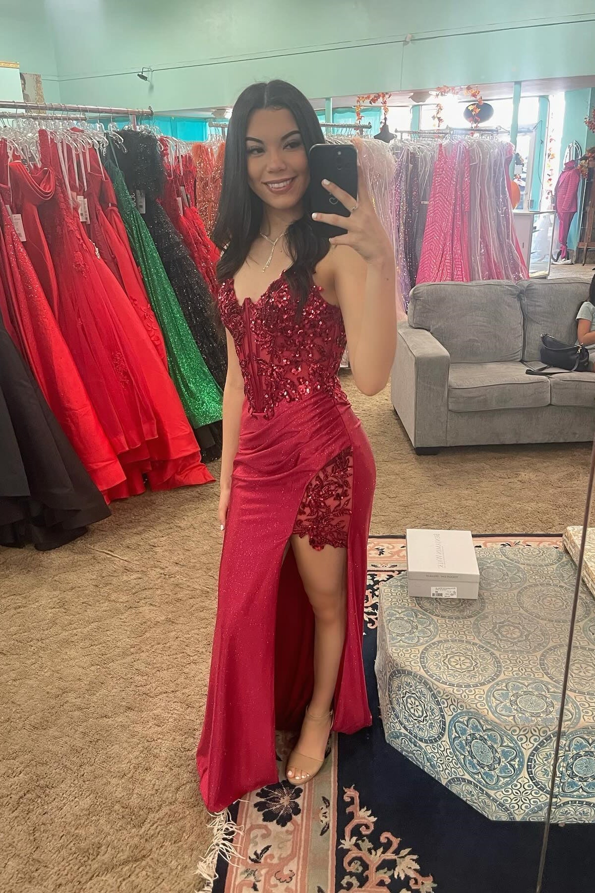 Quyihu Dress Red Appliques Mermaid Long Dress with Slit