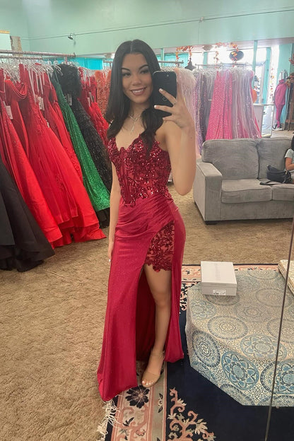 Quyihu Dress Red Appliques Mermaid Long Dress with Slit