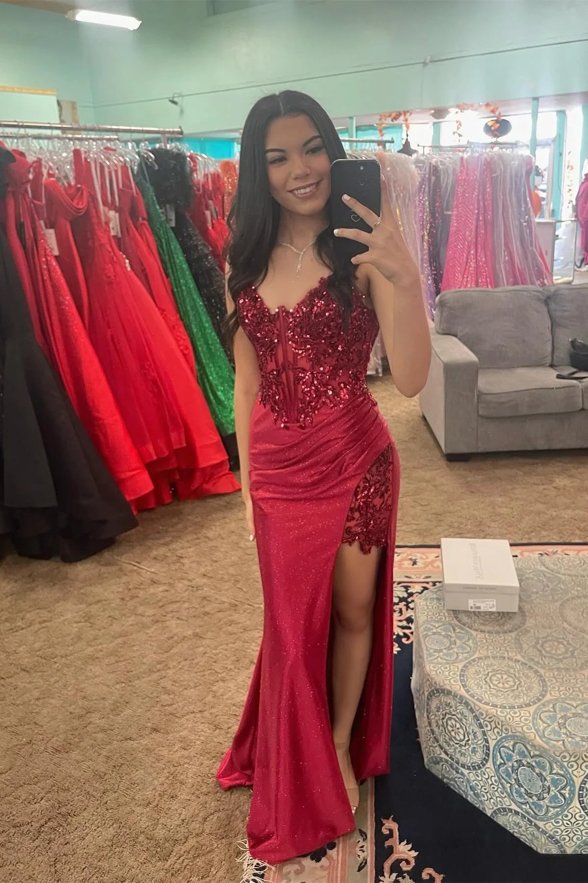 Quyihu Dress Red Appliques Mermaid Long Dress with Slit