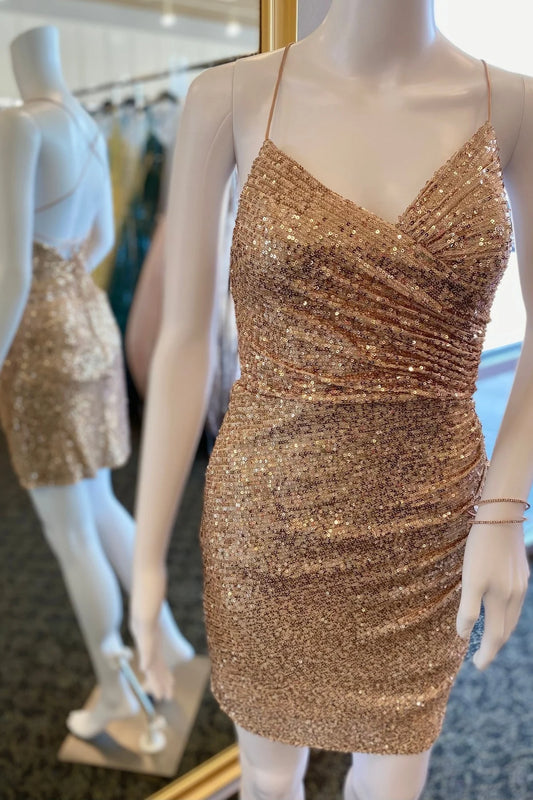Quyihu Dress Ruched Golden Sequin Tight Short Dress Homecoming Dress