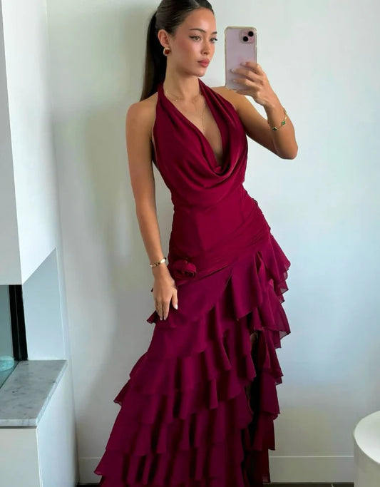 Quyihu Dress Sexy A Line Halter Tiered Burgundy Prom Dress Evening Dress With Slit