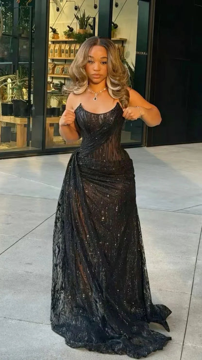 Quyihu Dress Sexy Black Lace Sequin Slit Long Prom Dress Mermaid Evening Dress