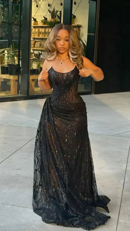 Quyihu Dress Sexy Black Lace Sequin Slit Long Prom Dress Mermaid Evening Dress