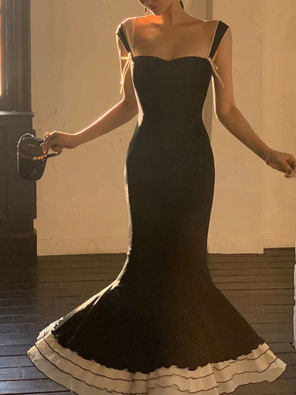Quyihu Dress Sexy Black Mermaid Wide Strap Long Prom Dress Sweet Ruffle Formal Party Dress