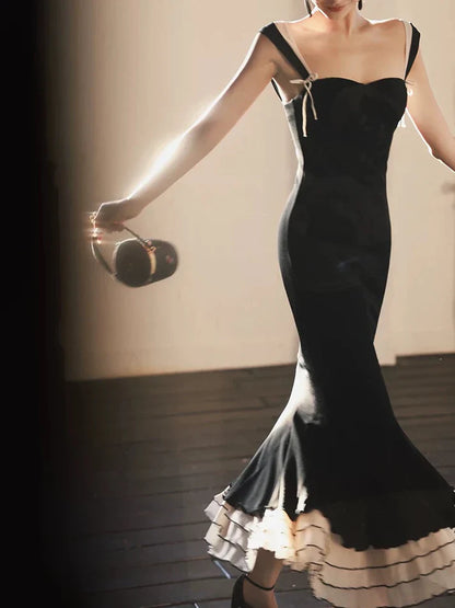 Quyihu Dress Sexy Black Mermaid Wide Strap Long Prom Dress Sweet Ruffle Formal Party Dress