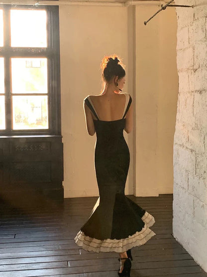 Quyihu Dress Sexy Black Mermaid Wide Strap Long Prom Dress Sweet Ruffle Formal Party Dress